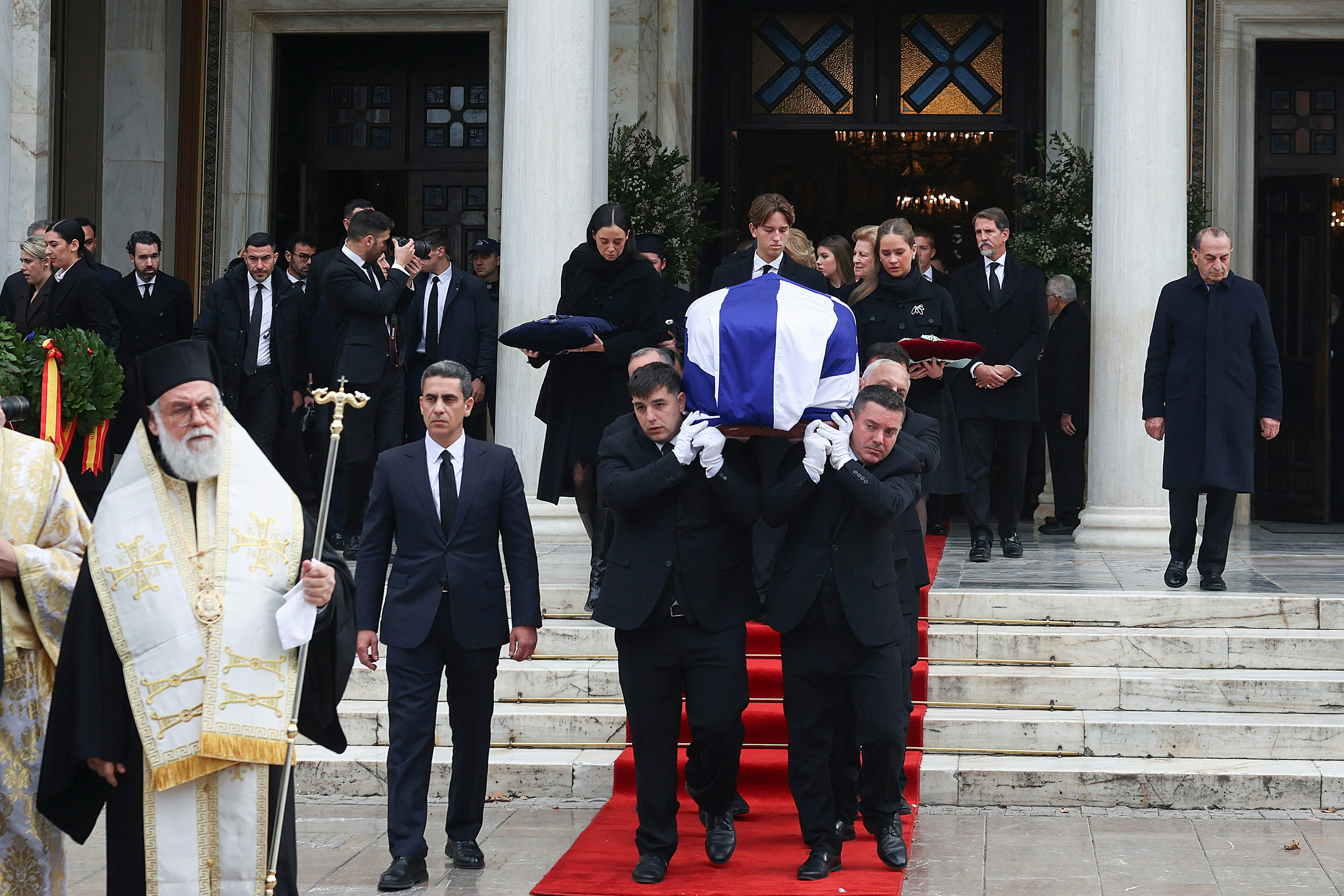 Pallbearers carry the coffin of Princess Irene of Greece and Denmark, outside the Metropolitan Cathedral in Athens, Greece, January 19, 2026 REUTERS/Louisa Gouliamaki