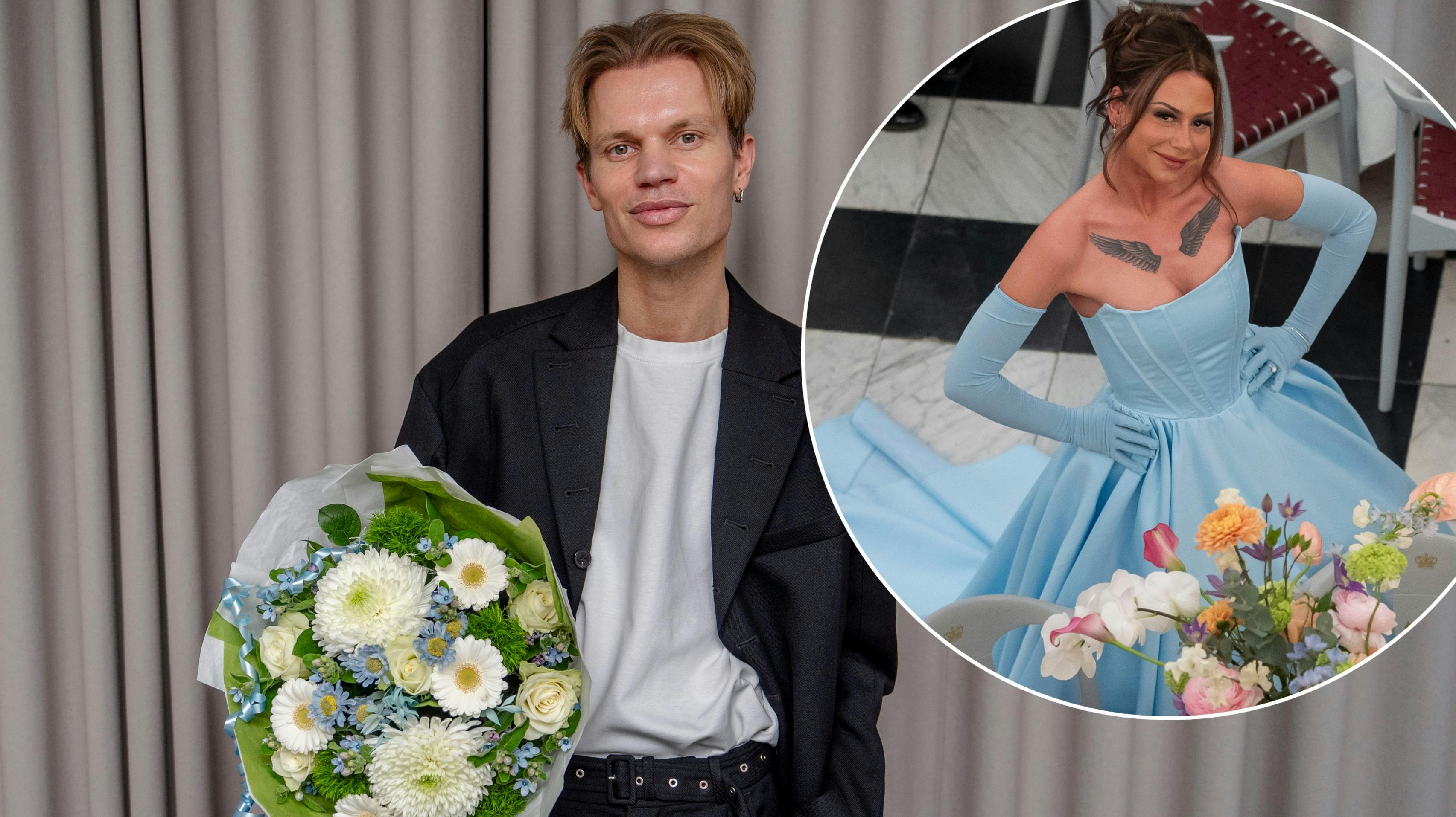 Søren Le Schmidt fik overrakt blomster, der matchede Årets kjole: Tessas lyseblå drømmekjole fra kongeparrets kunstnerbal i februar 2025.