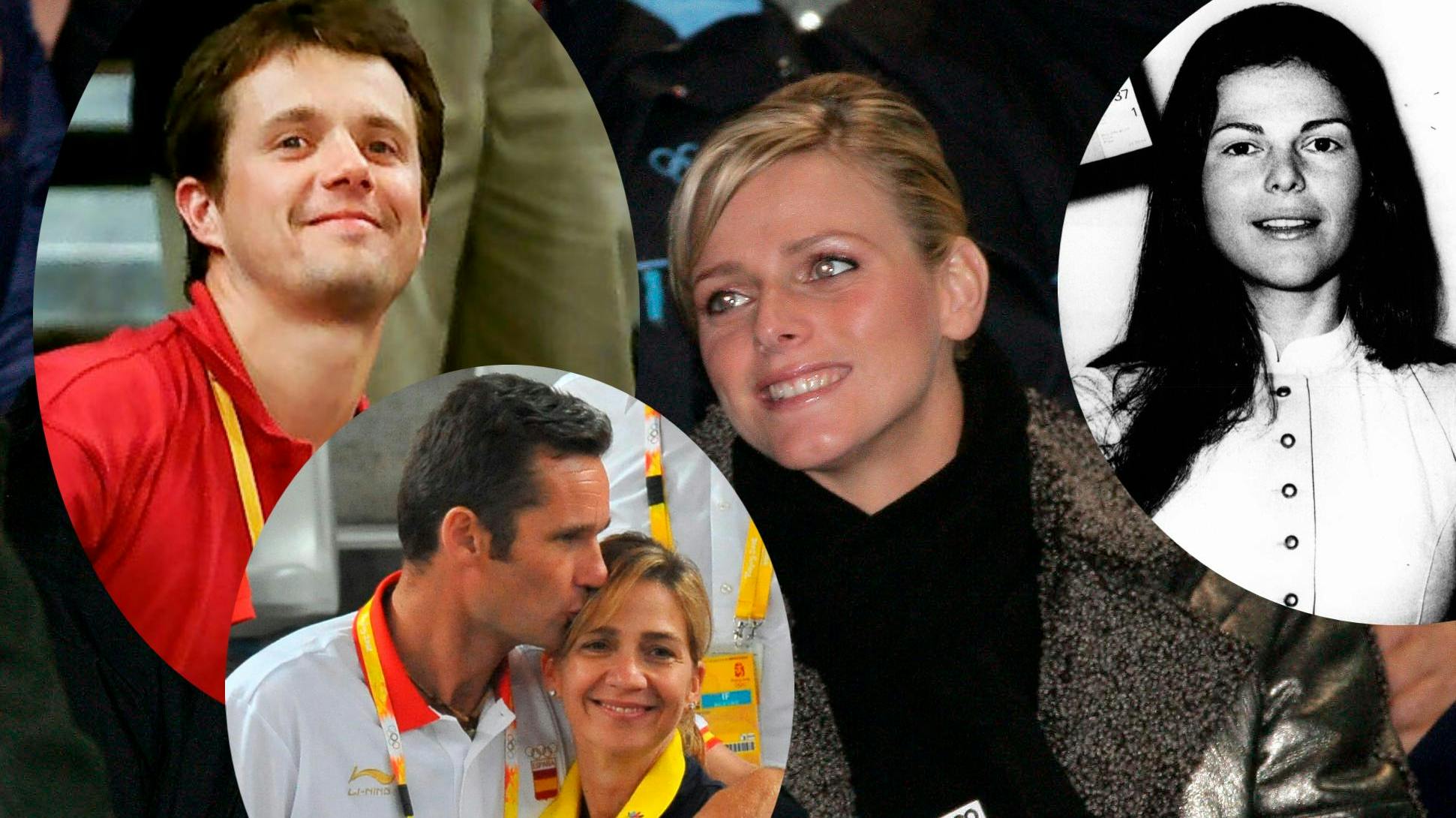 Charlene Wittstock ved vinter-OL i Torino, 2006. Indsat: Kronprins Frederik ved OL i Sydney 2000, Silvia Sommerlath ved OL i München i 1972 og Iñaki Urdangarin med prinsesse Cristina ved OL i Beijing i 2008.