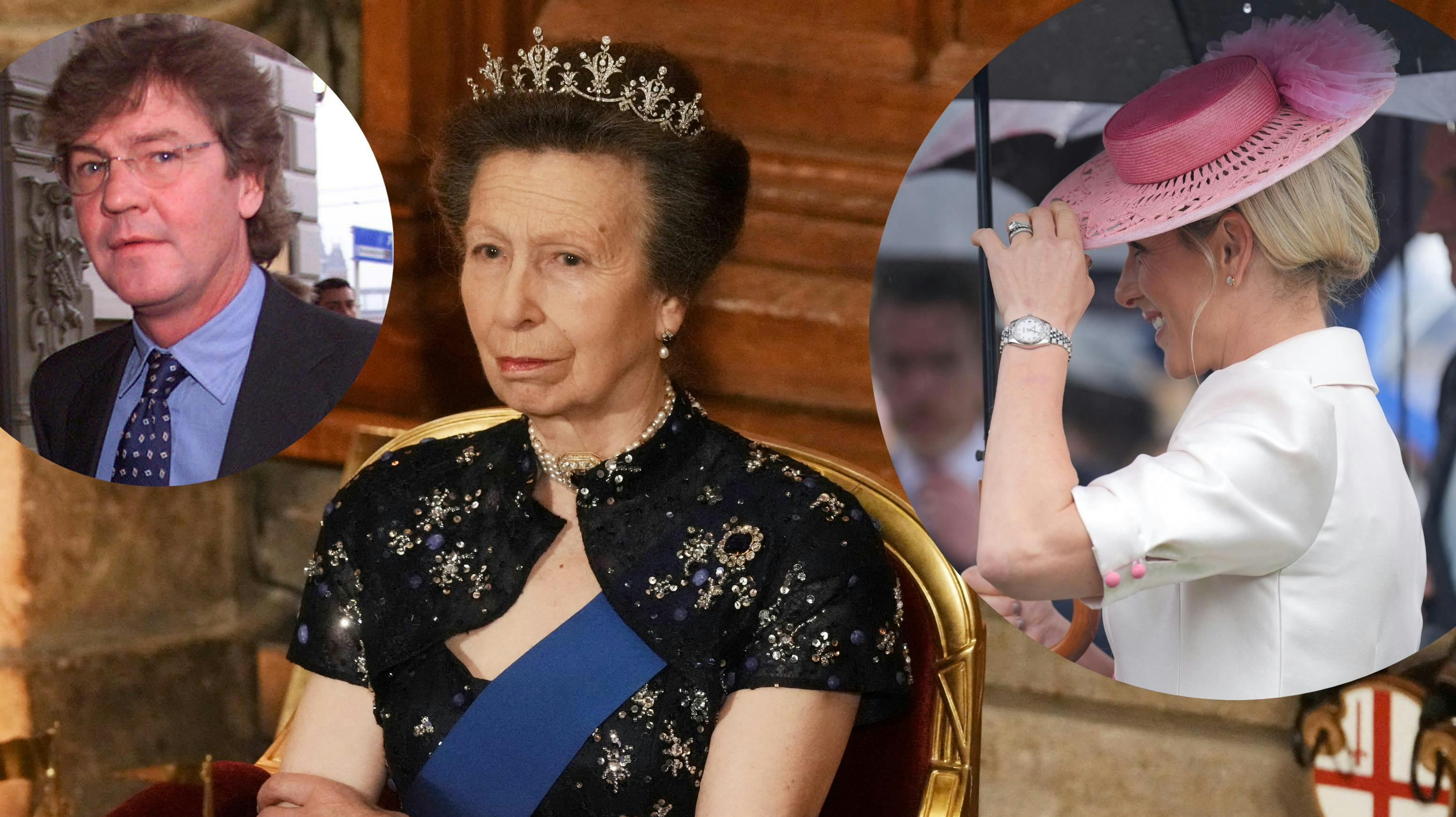 Prinsesse Anne fotograferet i december 2025. Indsat: Prins Ernst August af Hannover i 2002 og Zara Tindall i 2024.