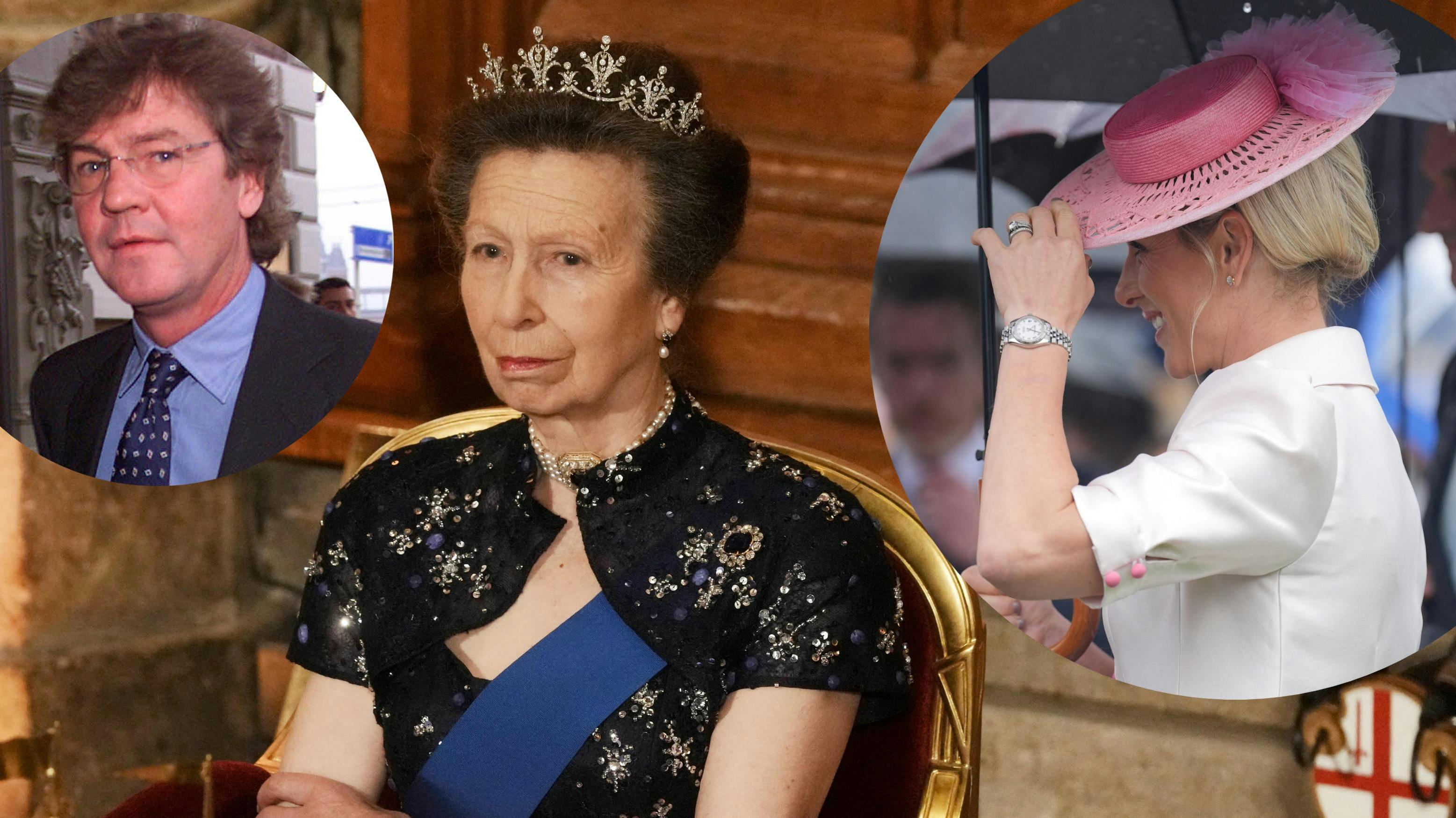 Prinsesse Anne fotograferet i december 2025. Indsat: Prins Ernst August af Hannover i 2002 og Zara Tindall i 2024.
