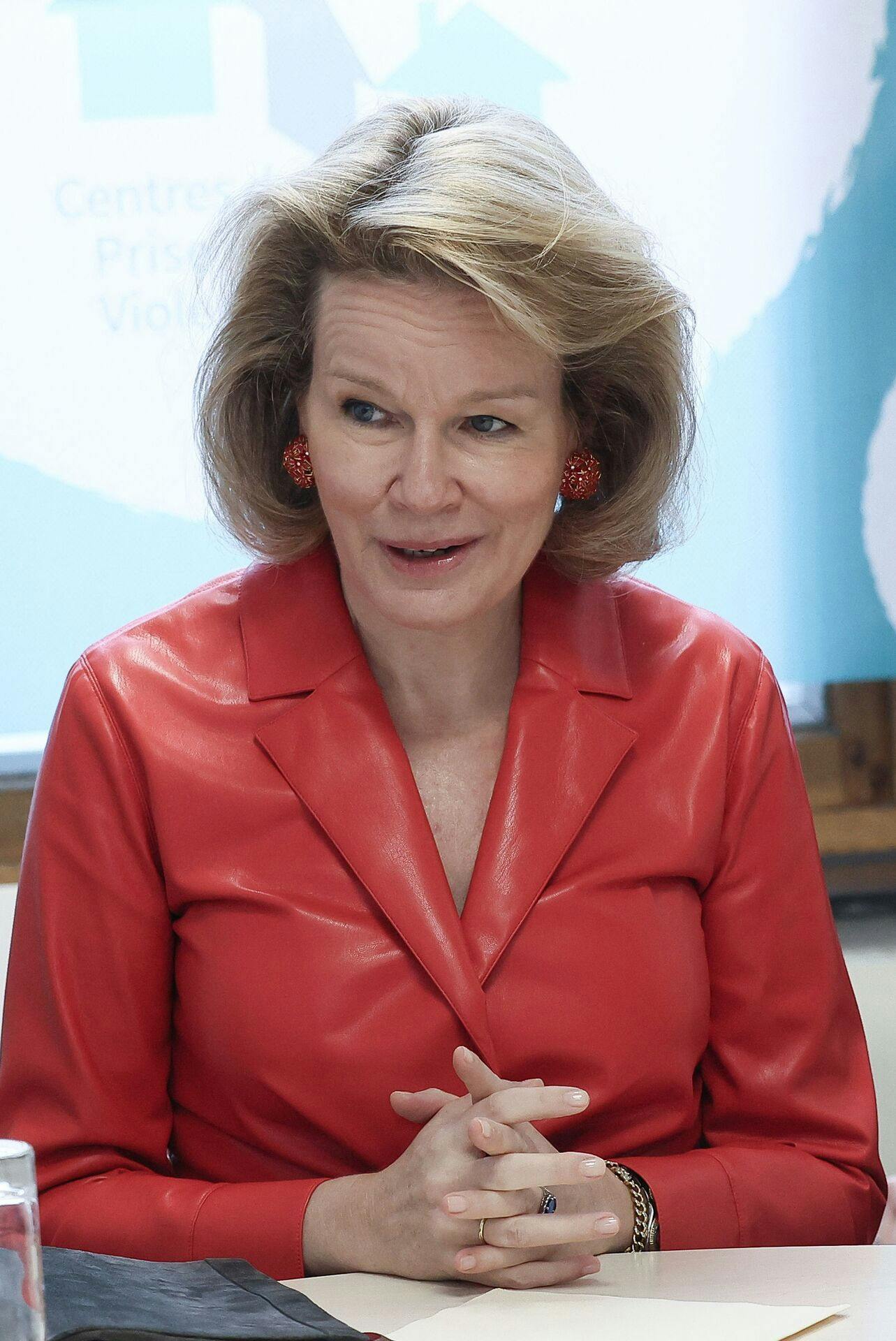 Queen Mathilde of Belgium takes part in a meeting during her visit to the Sexual Violence Care Centre (CPVS) in Lodelinsart on February 6, 2026. (Photo by BRUNO FAHY / Belga / AFP) / Belgium OUT