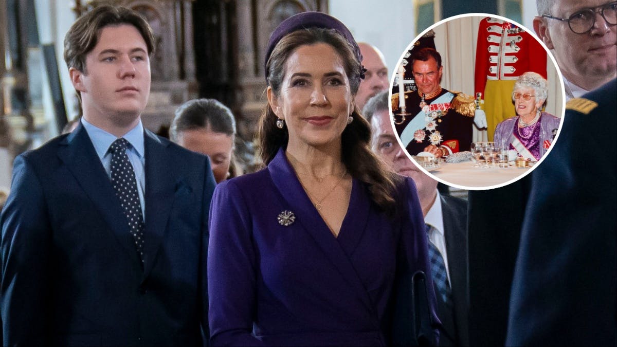 Dronning Mary til festgudstjeneste i Aarhus Domkirke i 2024. Indsat foto af prins Henrik og hans mor til regentparrets sølvbryllupsfejring i 1992.&nbsp;