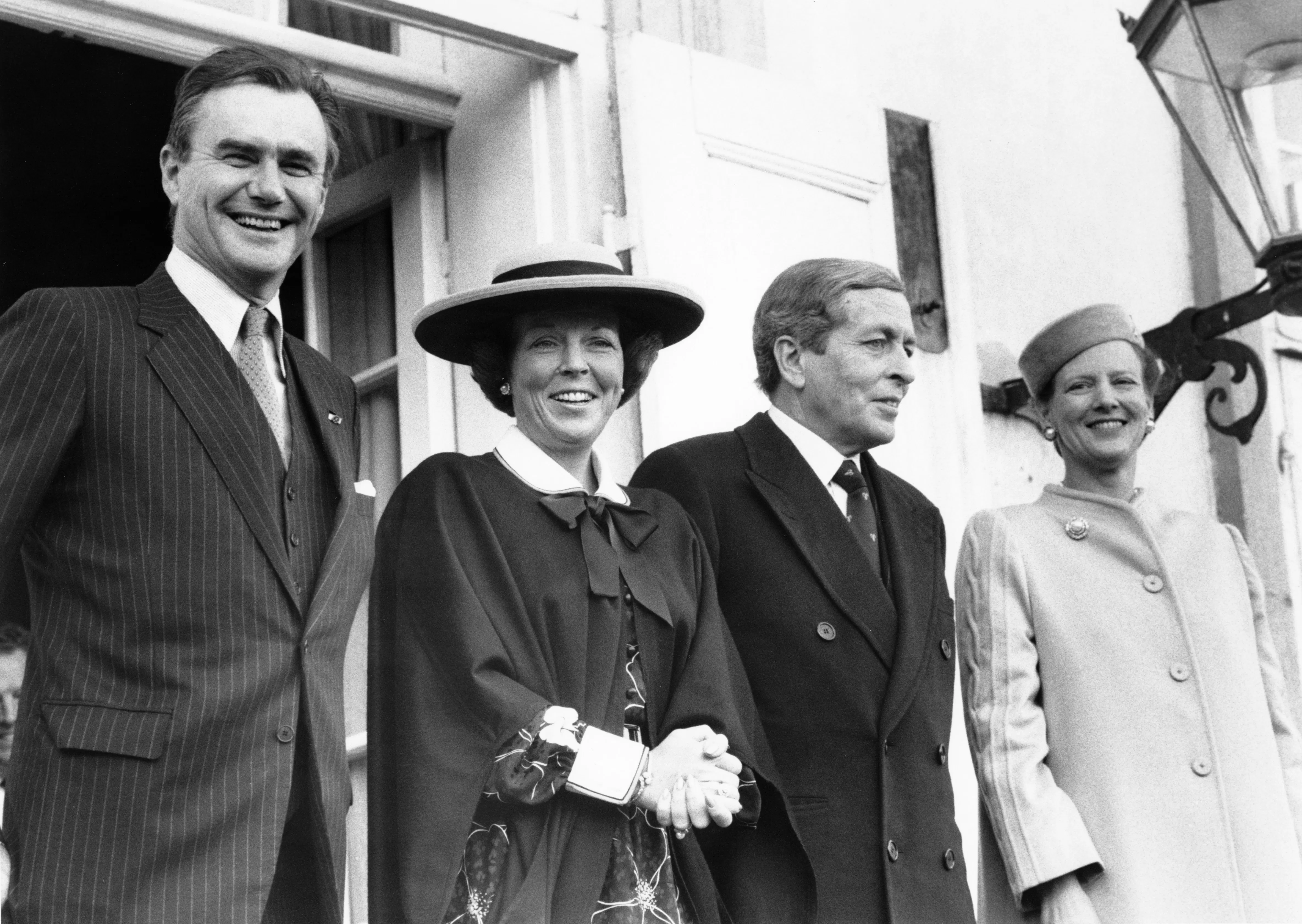 Det hollandske kongepar på besøg i Danmark 1984. På billedet ses (fra venstre): Prins Henrik, Dronning Beatrix, Claus van Amsberg og Dronning Margrethe II.