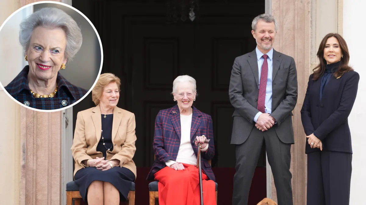 Dronning Anne-Marie, dronning Margrethe og kongeparret under fødselsdagsfejringen torsdag. Indsat foto: Prinsesse Benedikte.