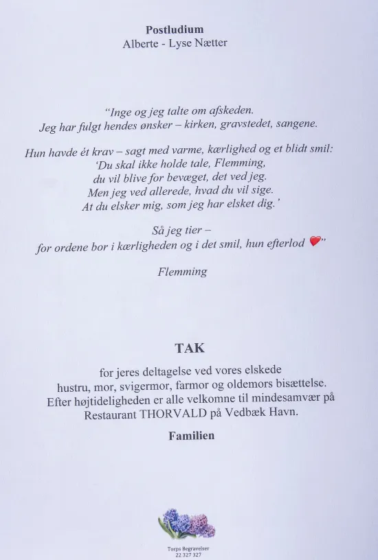 Bagsiden til program for Inge Østergaards bisættelse.
