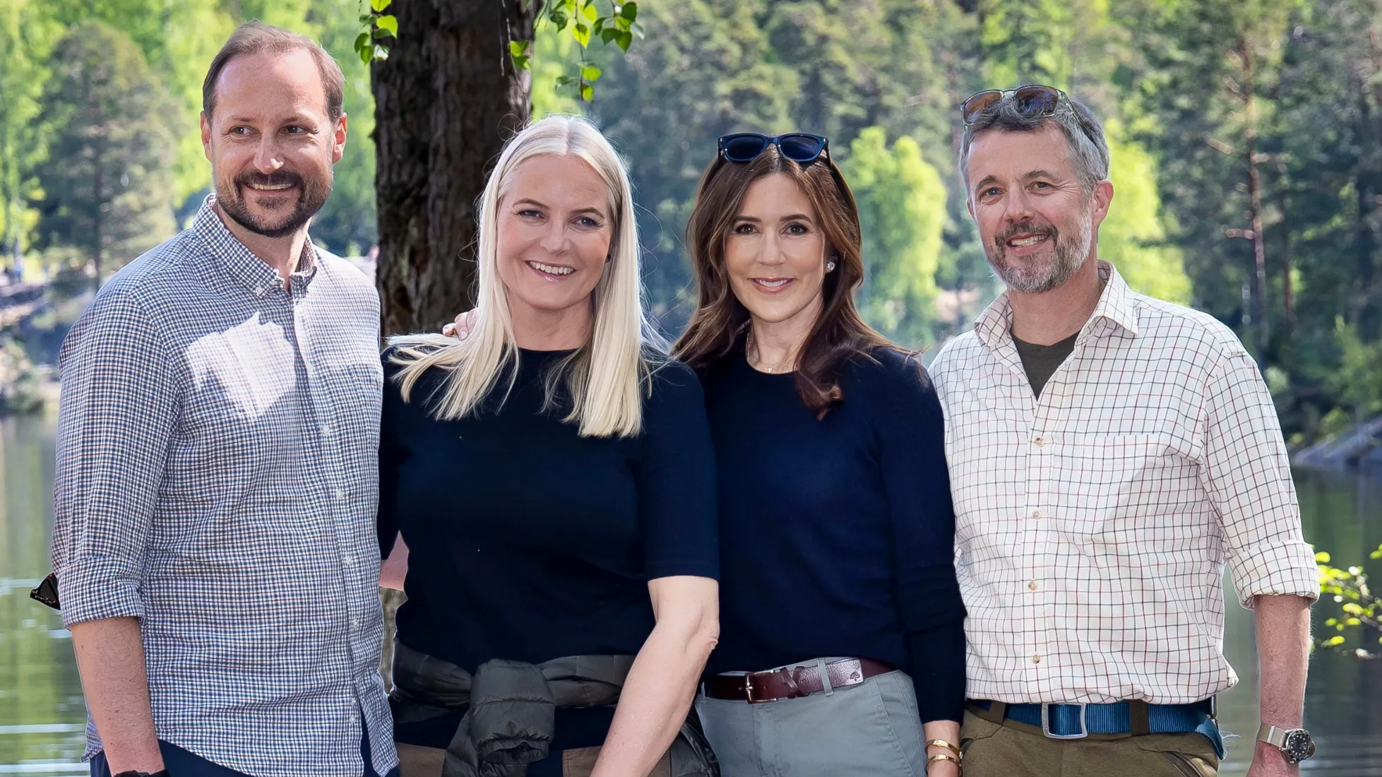 Kronprins Haakon, kronprinsesse Mette-Marit, dronning Mary og kong Frederik fotograferet sammen i forbindelse med statsbesøget til Norge i maj 2024.