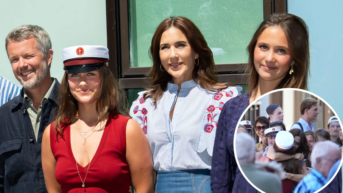 Prinsesse Isabella som student. Her ses hun med kong Frederik, dronning Mary og lillesøster prinsesse Josephine. Indsat foto: Prinsesse Isabella og dronning Mary