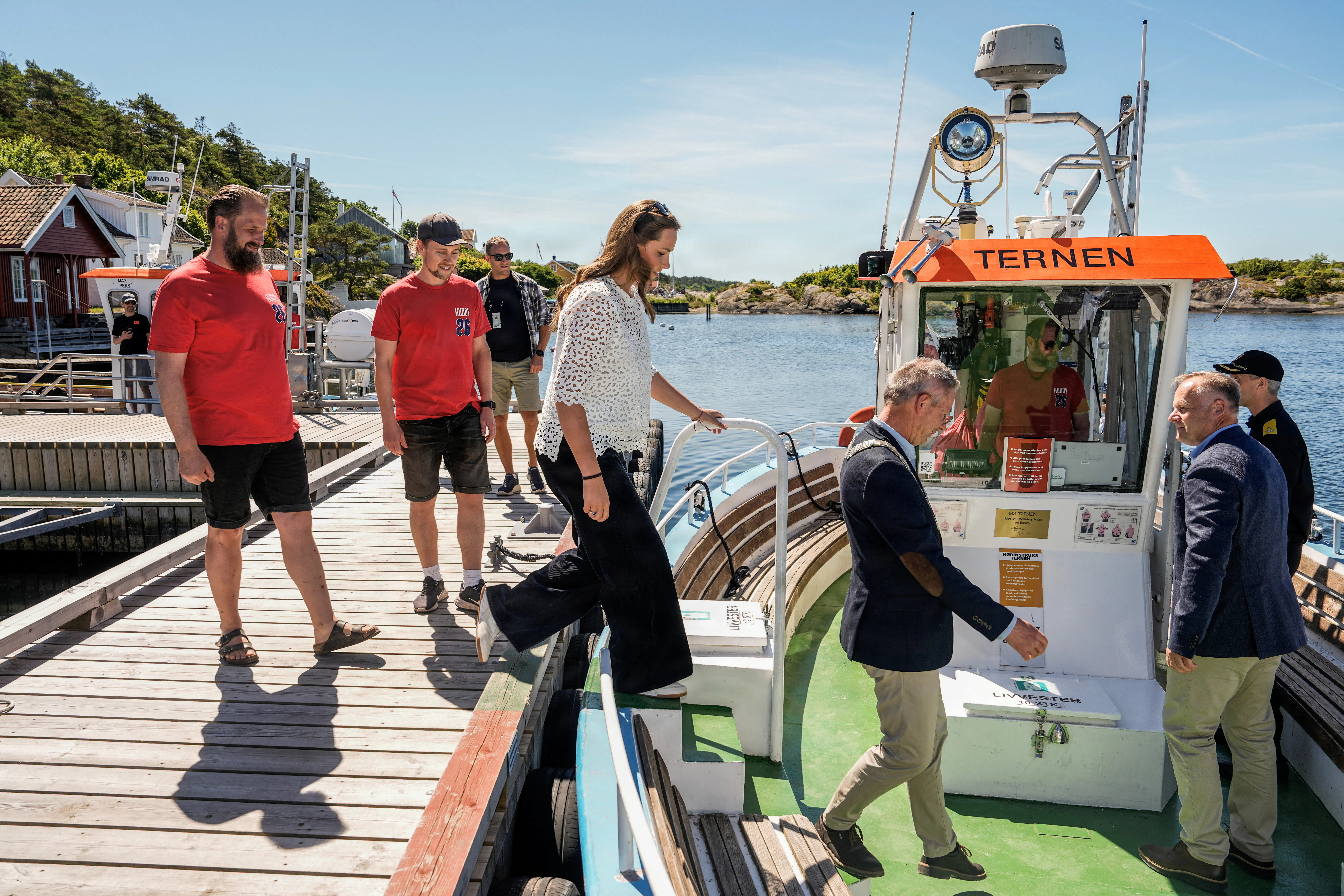 Norway's Princess Ingrid Alexandra boards the boat Ternen in connection with her visit to Hudoey holiday colony, Norway, June 25, 2026. NTB/Cornelius Poppe via REUTERS ATTENTION EDITORS - THIS IMAGE WAS PROVIDED BY A THIRD PARTY. NORWAY OUT.NO COMMERCIAL OR EDITORIAL SALES IN NORWAY.