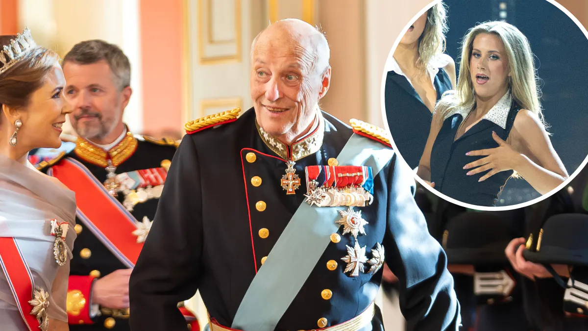 Kong Harald i forbindelse med det danske kongepars besøg i 2024. Indsat foto: Leah Behn i "Skal vi danse", da støttede veninden i 2025. 