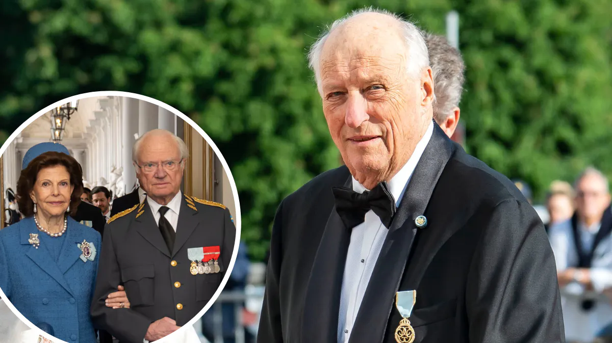 Kong Harald, da han tidligere på året deltog i det svenske kongepars guldbryllup. Indsat foto: Sveriges dronning Silvia og kong Carl Gustaf