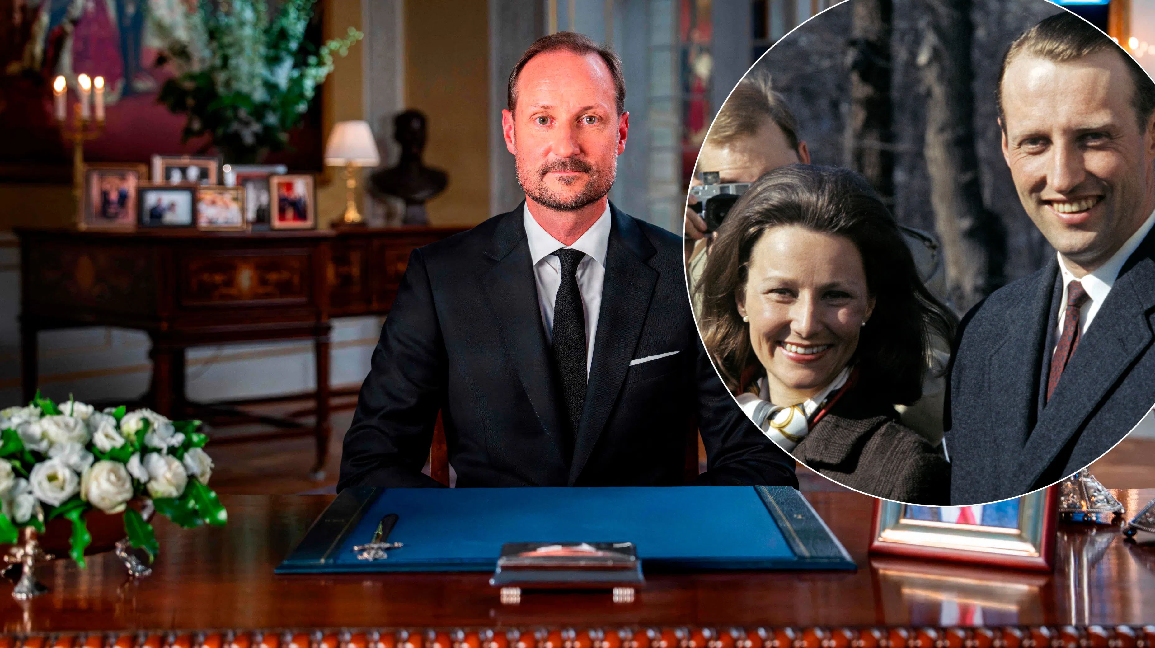Kong Haakon fotograferet i forbindelse med mindetalen. Indsat: Dronning Sonja og kong Harald i 1968.