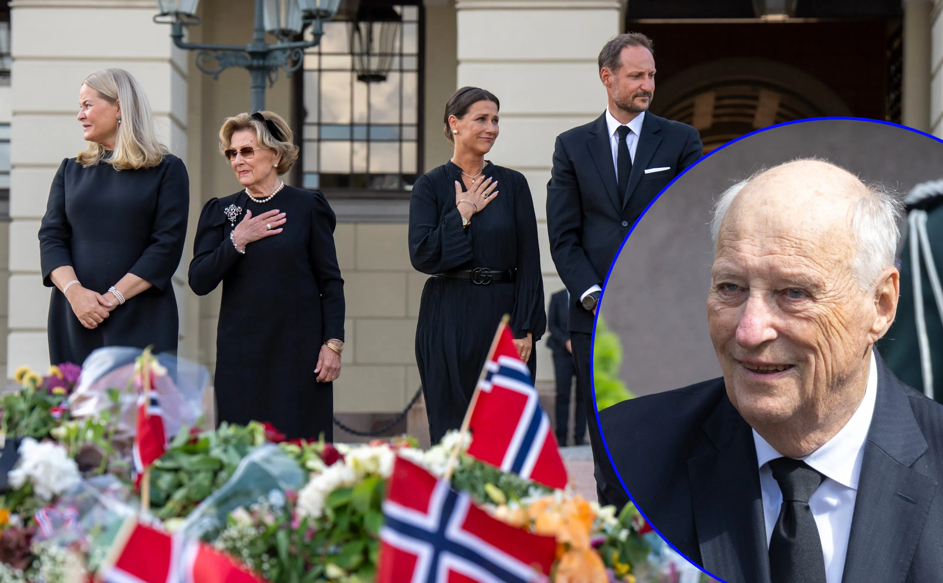 Dronning Mette-Marit, dronning Sonja, prinsesse Märtha Louise og kong Haakon den 31. august 2026. Indsat: Kong Harald i maj 2026.
