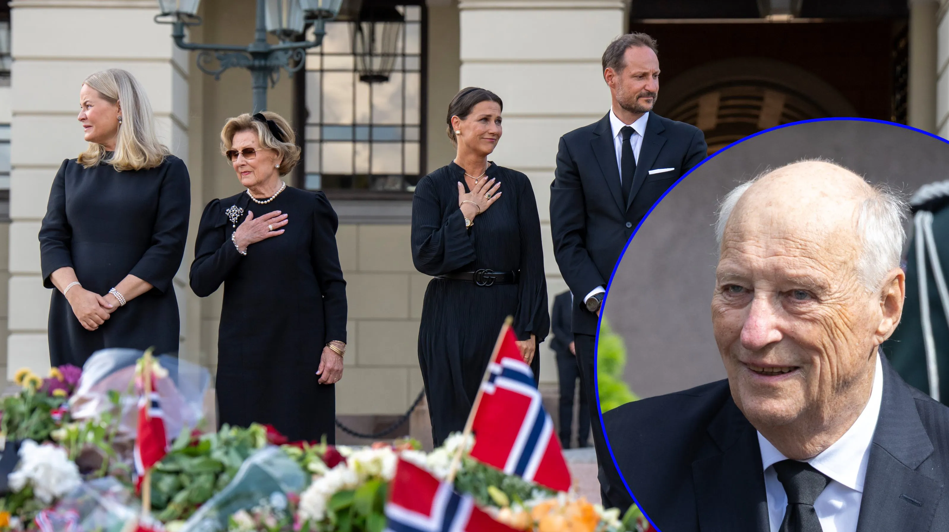 Dronning Mette-Marit, dronning Sonja, prinsesse Märtha Louise og kong Haakon den 31. august 2026. Indsat: Kong Harald i maj 2026.