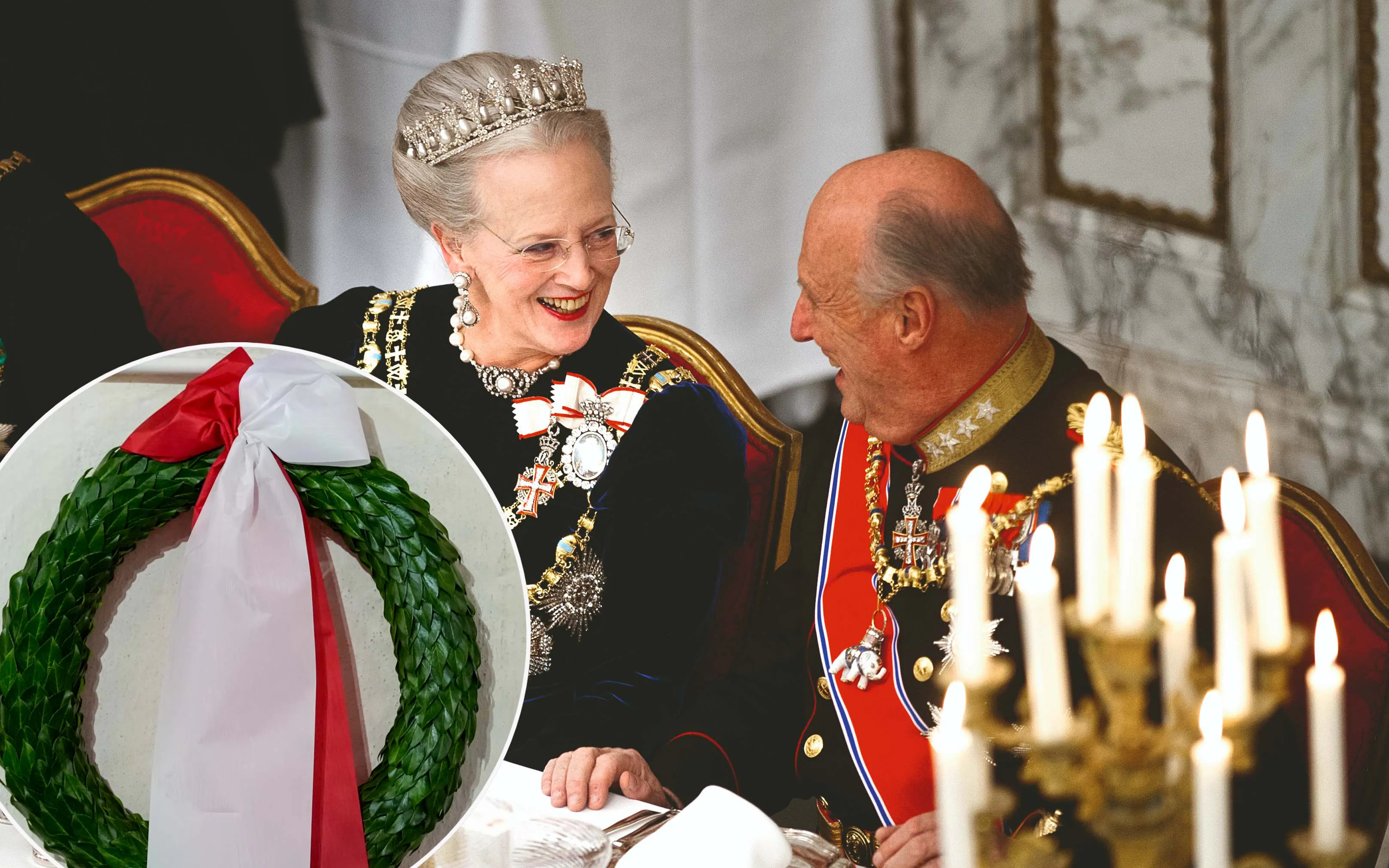 Dronning Margrethe og kong Harald ved taflet på Christiansborg Slot i anledning af dronningens 40-års regeringsjubilæum i 2012. Indsat: Udsnit af dronning Margrethes krans til kong Haralds begravelse. 