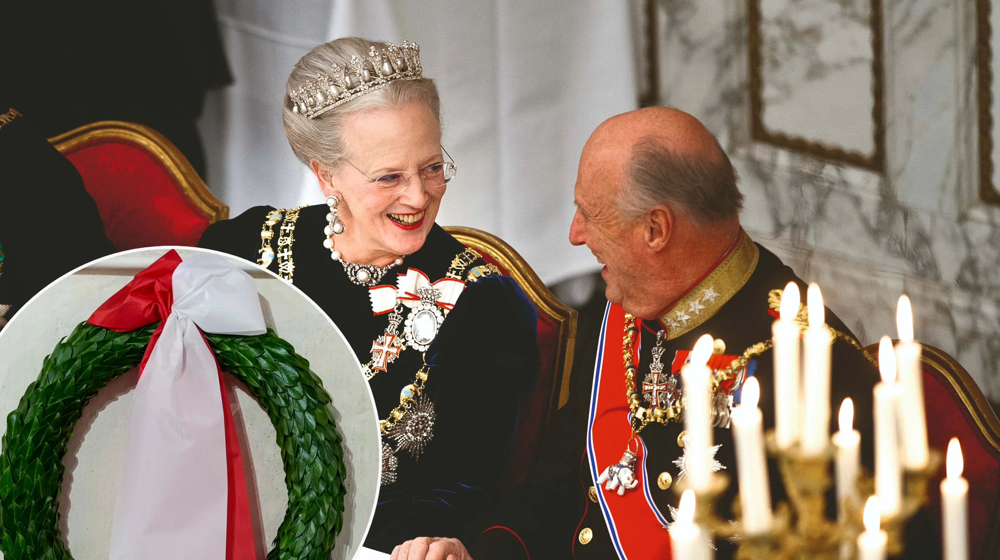 Dronning Margrethe og kong Harald ved taflet på Christiansborg Slot i anledning af dronningens 40-års regeringsjubilæum i 2012. Indsat: Udsnit af dronning Margrethes krans til kong Haralds begravelse.