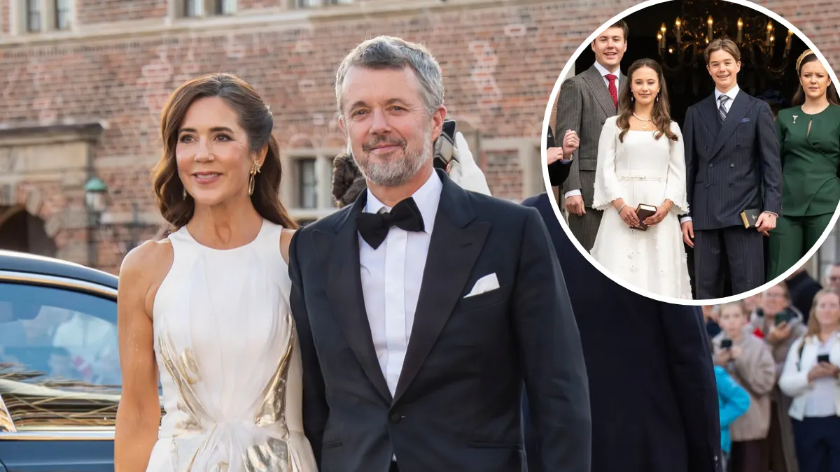 Kong Frederik og dronning Mary. Indsat foto: Kronprins Christian, prinsesse Josephine, prins Vincent og prinsesse Isabella. 