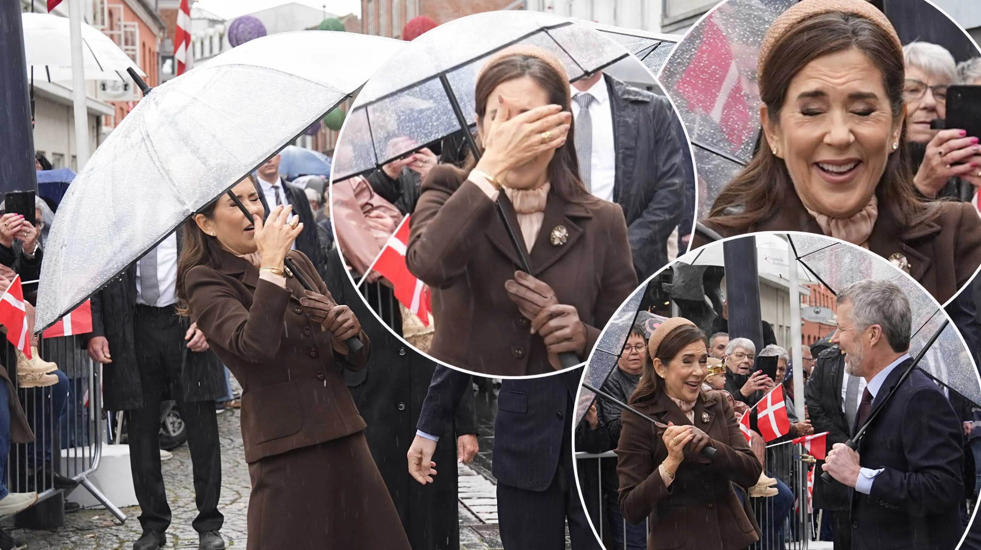 Kong Frederik og dronning Mary ankommer til Skive i anledning af byens 700-års købstadsjubilæum den 9. oktober 2026. Mary får paraply i øjet.