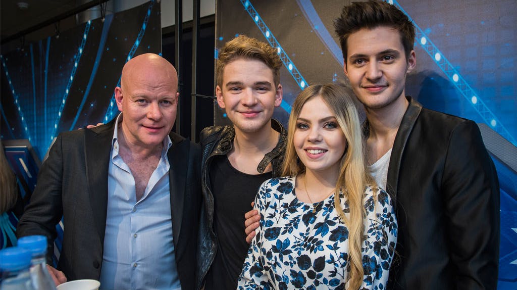 Thomas Blachmann sammen med Ivarsson, Bang & Neumann til X Factor-finalen i Herning.