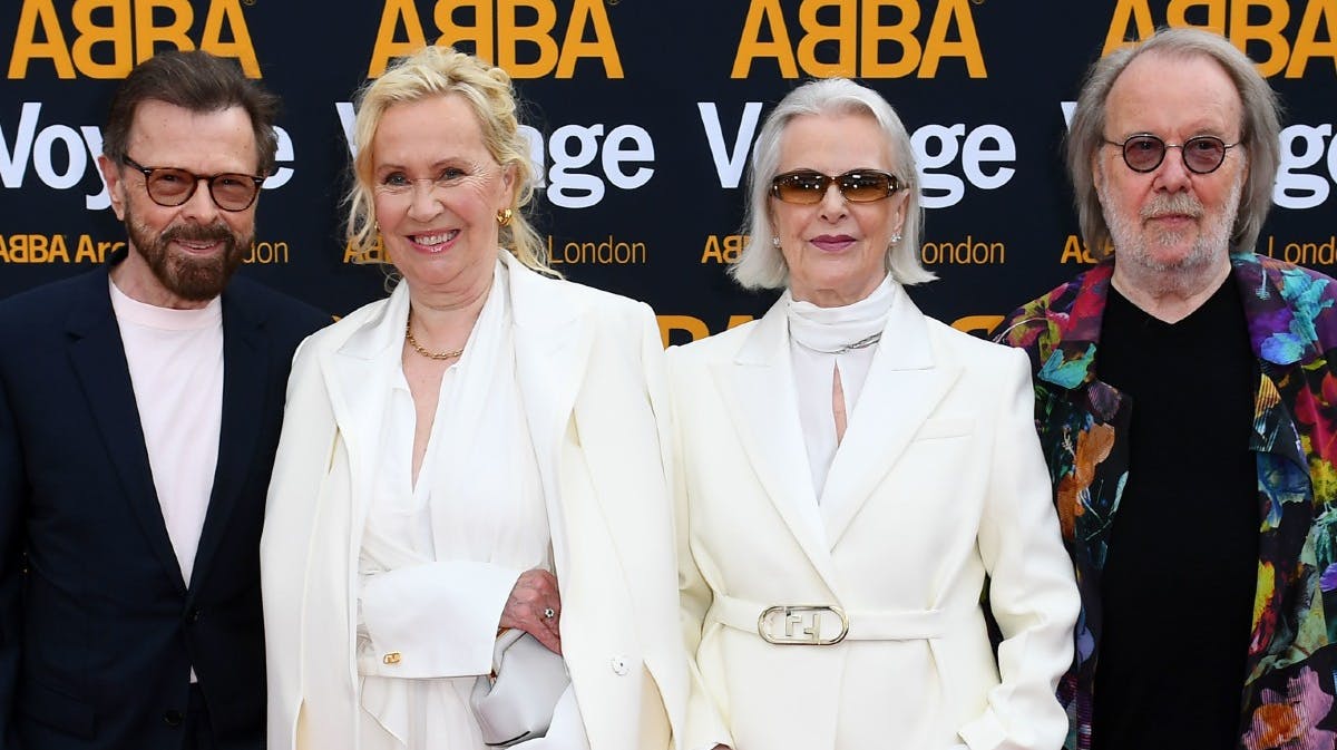 ABBA genforenet i London, 27. maj 2022. Fra venstre Björn Ulvaeus, Agnetha Fältskog, Anni-Frid Lyngstad og Benny Andersson.