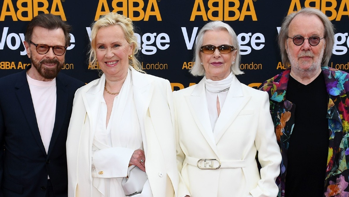 ABBA genforenet i London, 27. maj 2022. Fra venstre Björn Ulvaeus, Agnetha Fältskog, Anni-Frid Lyngstad og Benny Andersson.