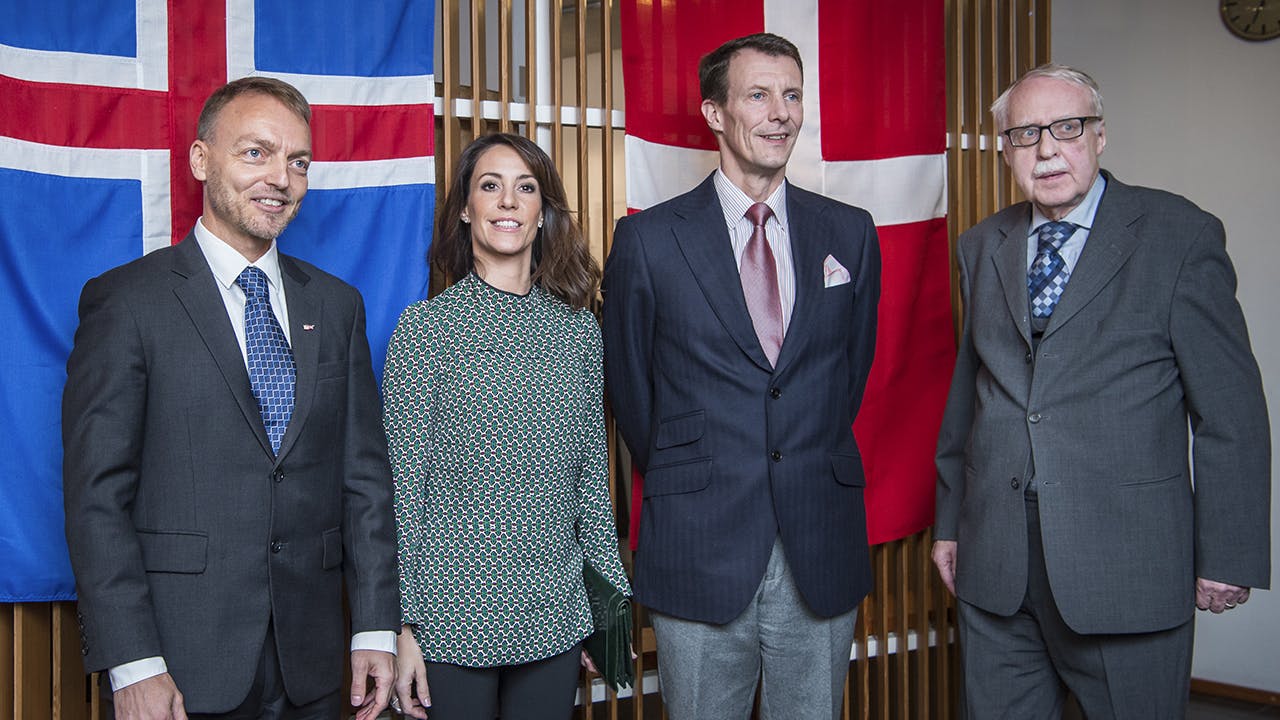 Direktør Mikkel Harder, prinsesse Marie, prins Joachim og formand for Dansk Islandsk Samfund, Pall Skúlasson.