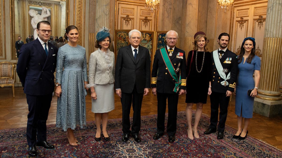Prins Daniel, kronprinsesse Victoria, dronning SIlvia, præsident Sergio Matterella, kong Carl Gustaf,&nbsp; Laura Mattarella, prins Carl Philip, prinsesse Sofia