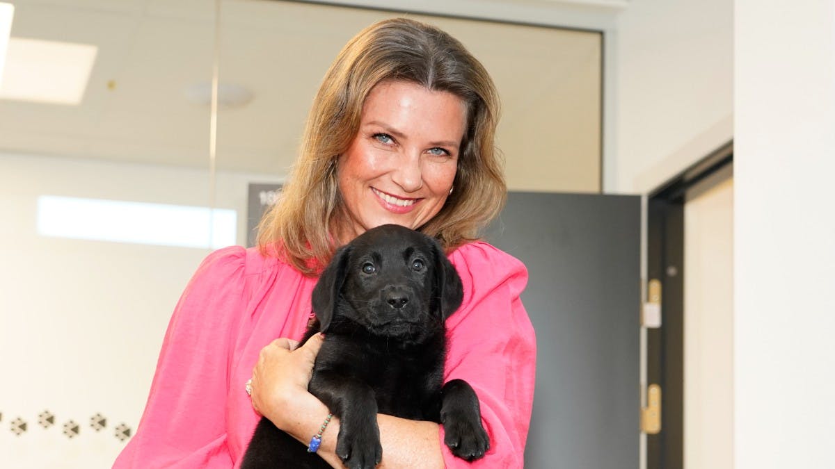 Prinsesse Märtha Louise med en af de yngste hunde hos Blindeforbundet.&nbsp;