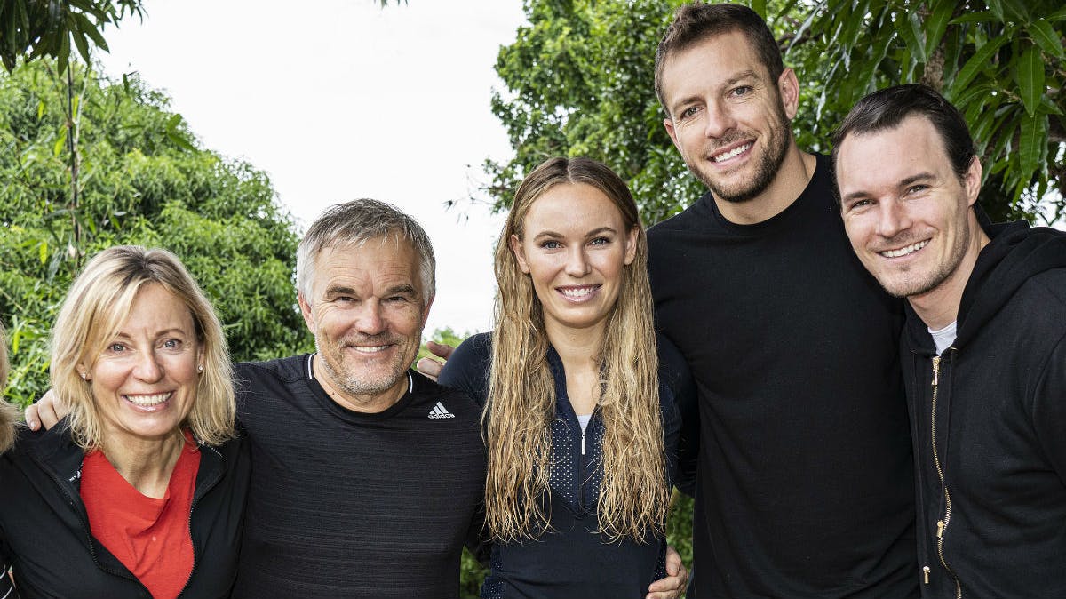 Caroline Wozniacki, forældrene Piotr og Anna, ægtemanden David Lee og storebror Patrik Wozniacki.
