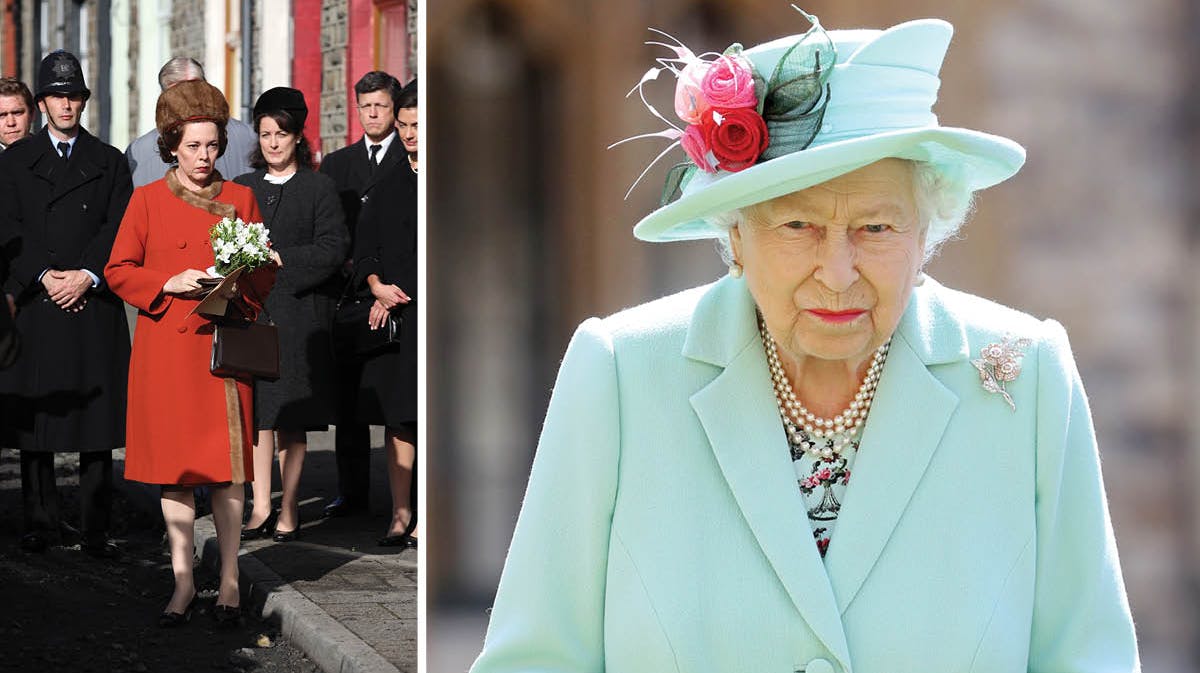 Olivia Colman i &quot;The Crown&quot; som dronning Elizabeth i 1966. Til højre dronning Elizabeth i 2020.&nbsp;