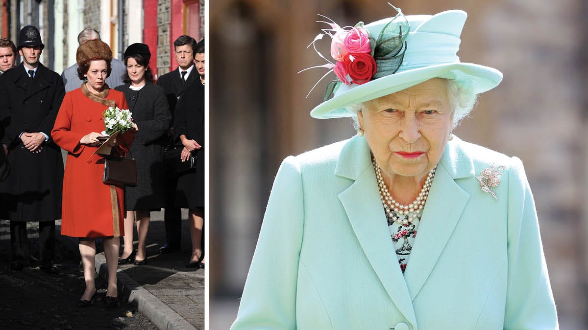 Olivia Colman i &quot;The Crown&quot; som dronning Elizabeth i 1966. Til højre dronning Elizabeth i 2020.&nbsp;