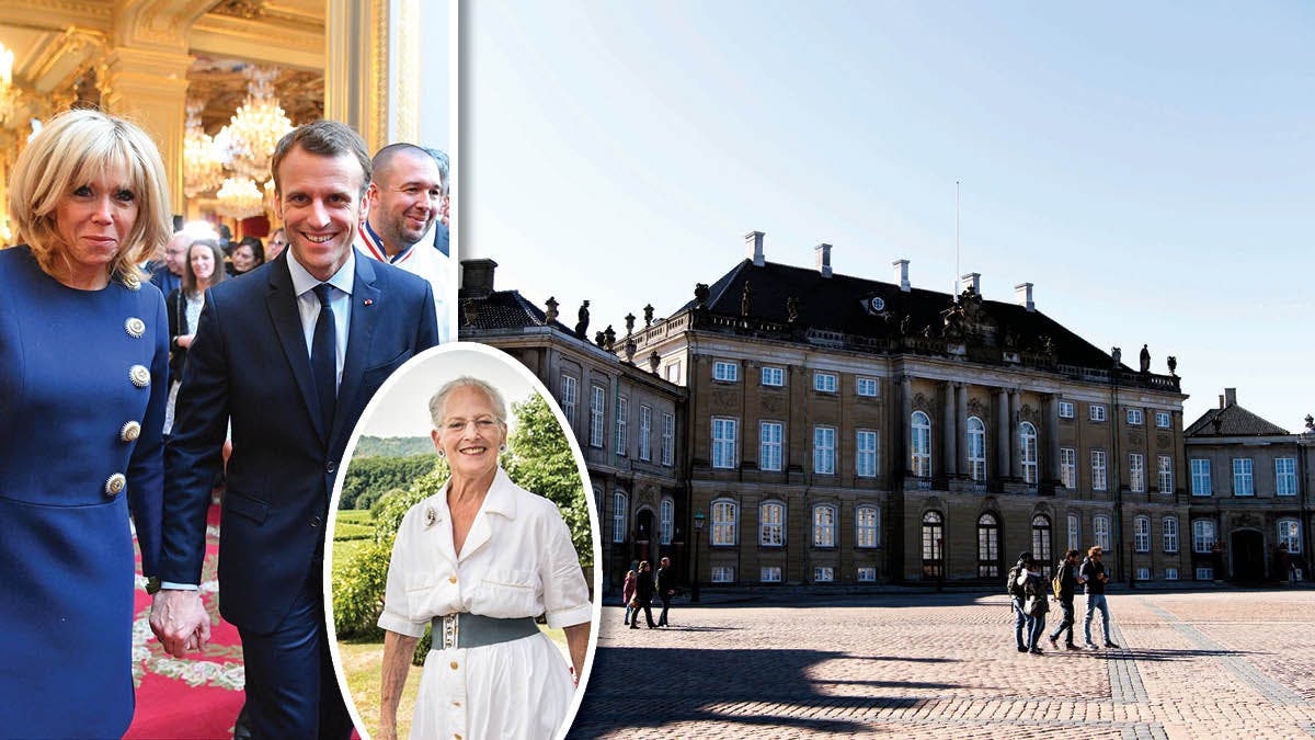 Fotomontage. Præsident Macron, Brigitte Macron, dronning Margrethe og Amalienborg Slot.