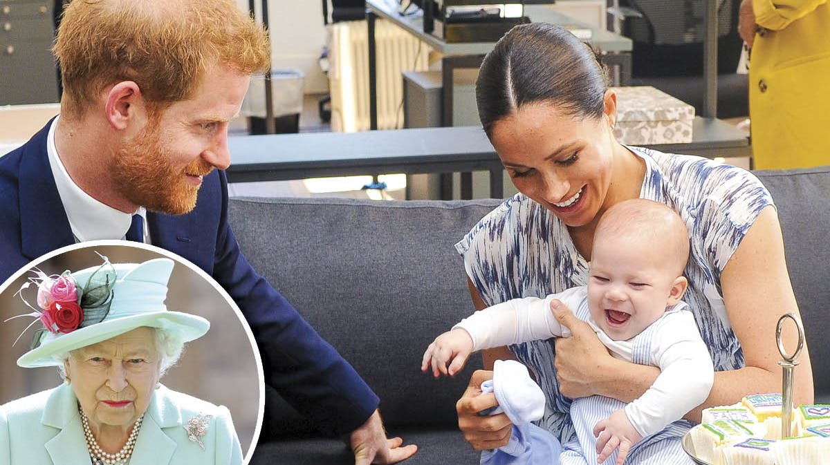 Harry, Meghan og Archie. Indsat: Dronning Elizabeth.