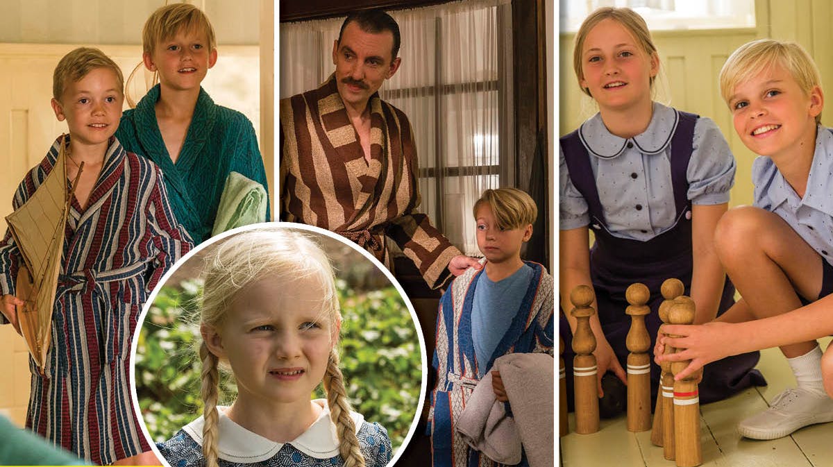 Nogle af børnene fra "Badehotellet". Fra venstre: Leander og Severin, Emma, Wilhelm, Bertha og Leslie.