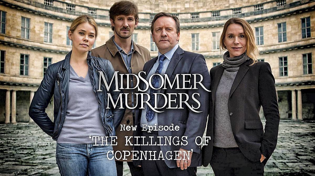 Birgitte Hjort Sørensen, Gwilym Lee, Neil Dudgeon og Ann Eleonora Jørgensen i "Kriminalkommissær Barnaby" afsnit 100, der er delvist optaget i København.