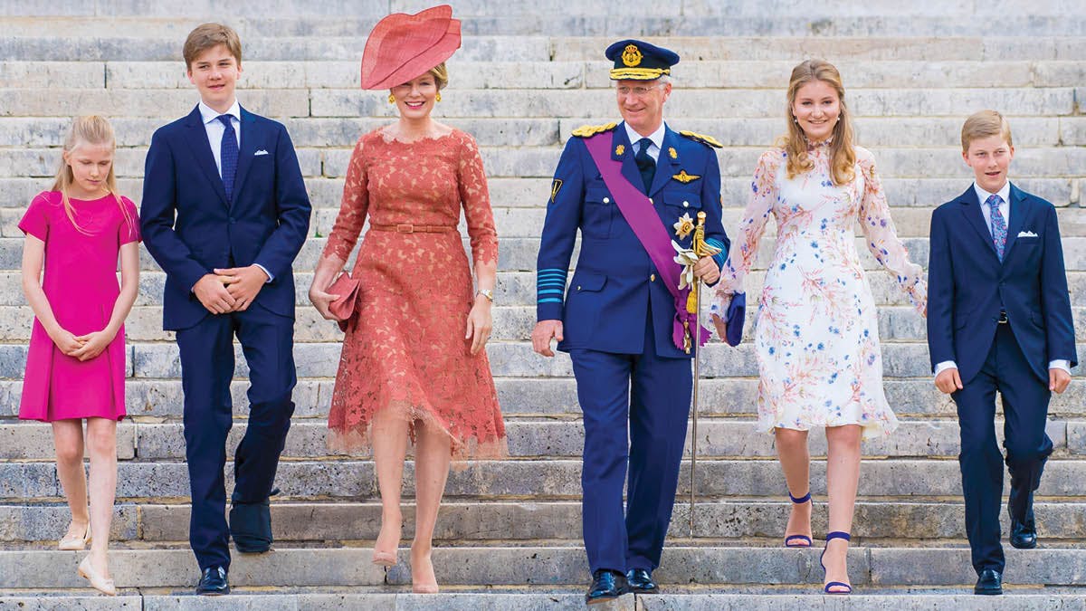 Prinsesse Eléonore, prins Gabriel, dronning Mathilde, kong Philippe, prinsesse Elisabeth og prins Emmanuel.&nbsp;