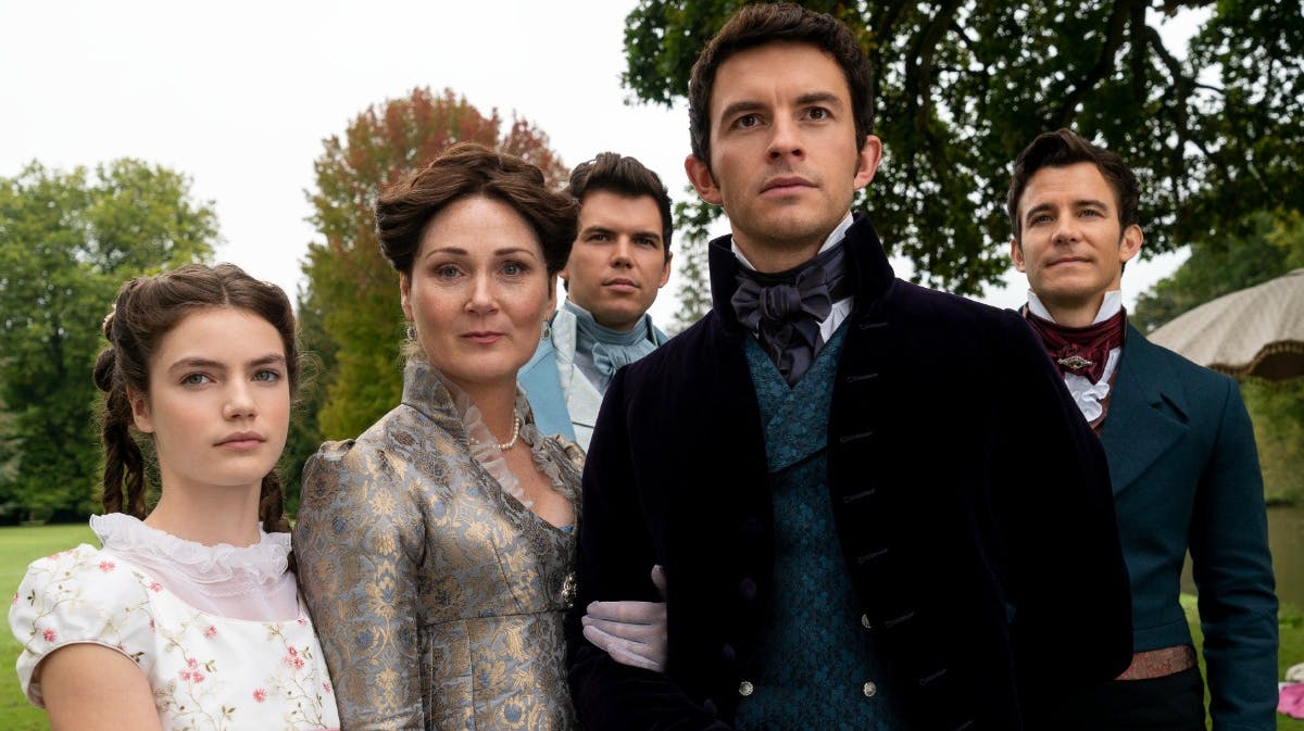 Hyacinth Bridgerton, Lady Violet Bridgerton, Colin Bridgerton, Anthony Bridgerton og Benedict Bridgerton i "Bridgerton"