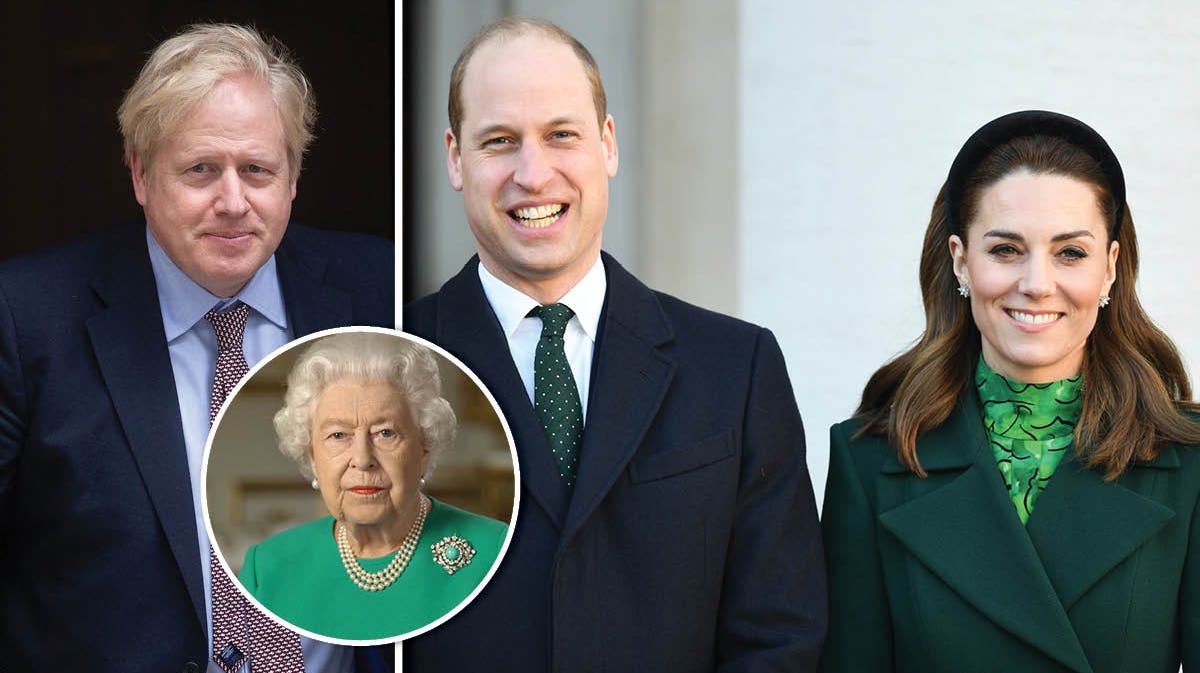 Boris Johnson, prins William, hertuginde Catherine og dronning Elizabeth. 