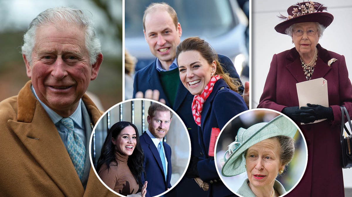 Prins Charles, hertuginde Meghan, prins Harry, prins William, hertuginde Catherine, prinsesse Anne og dronning Elizabeth.