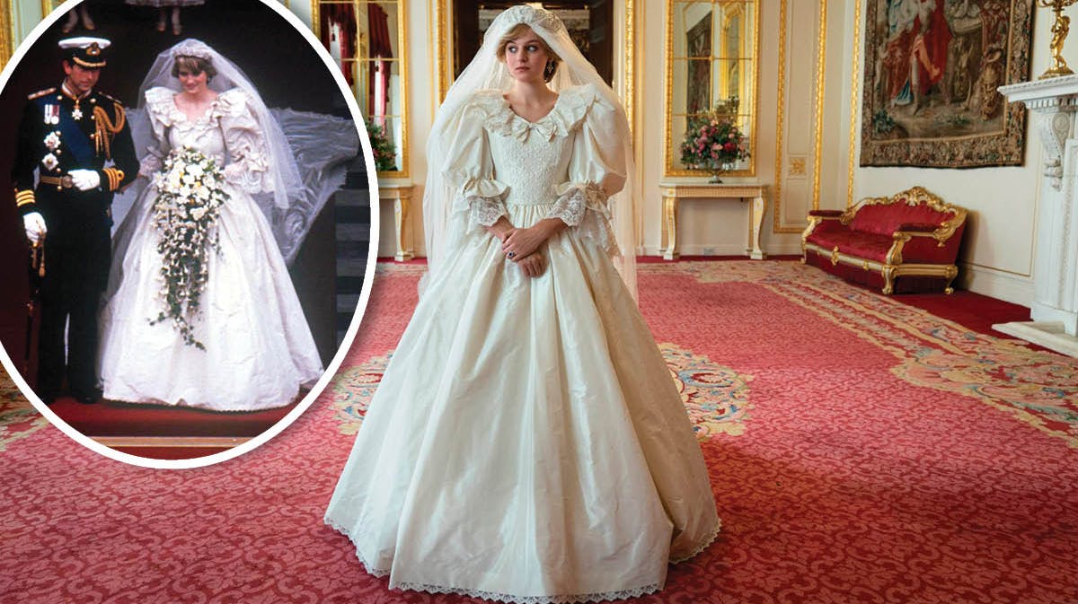 Emma Corrin som prinsesse Diana i "The Crown". Indsat: Prins Charles og prinsesse Diana på deres bryllupsdag den 29. juli 1981.