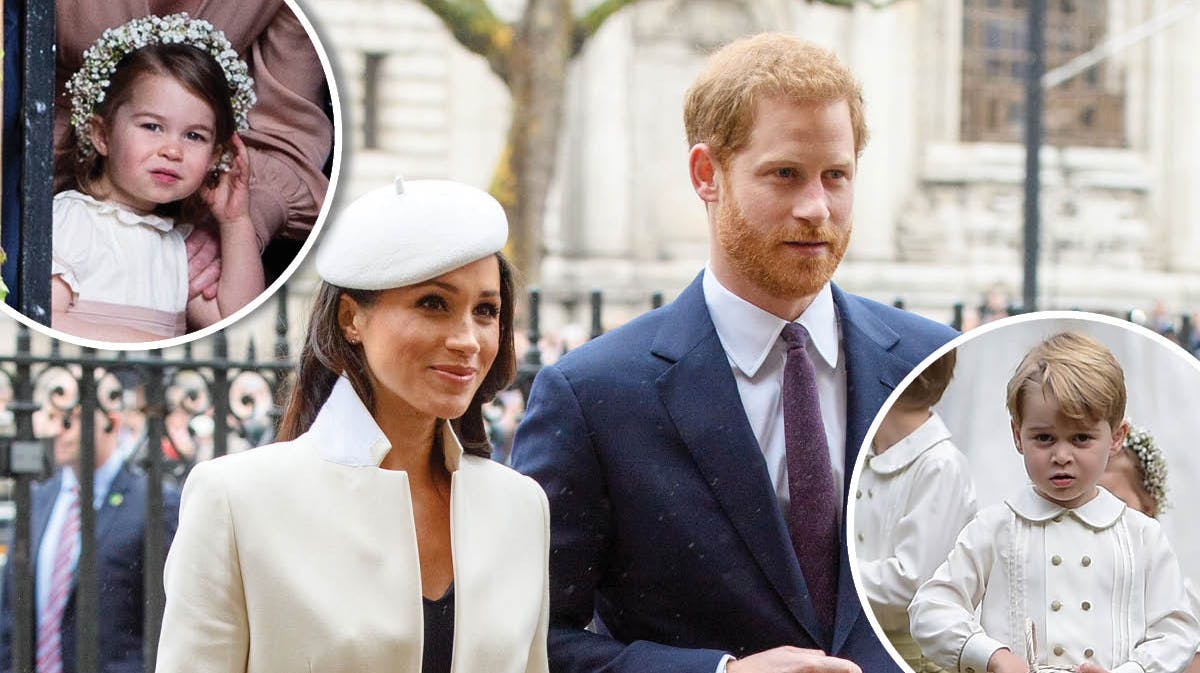 Fotomontage: Prinsesse Charlotte, Meghan Markle, prins Harry og prins George.