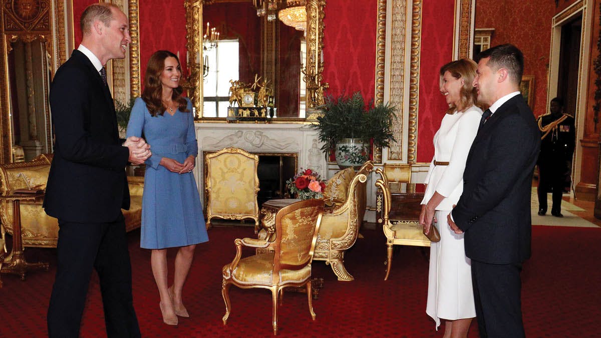Prins William, hertuginde Catherine og det ukrainske præsidentpar&nbsp;Volodymyr Zelenskyy og hans hustru Olena.