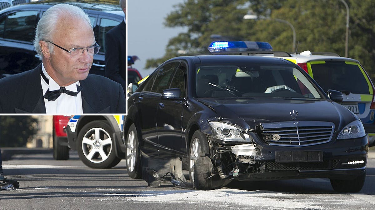 Kong Carl Gustaf og bilen der var involveret i trafikuheldet.