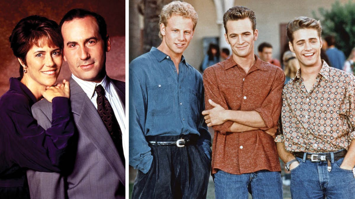 Carol Potter og James Eckhouse som ægteparret Walsh. Ian Ziering, Luke Perry og Jason Priestly som Steve, Dylan og Brandon.