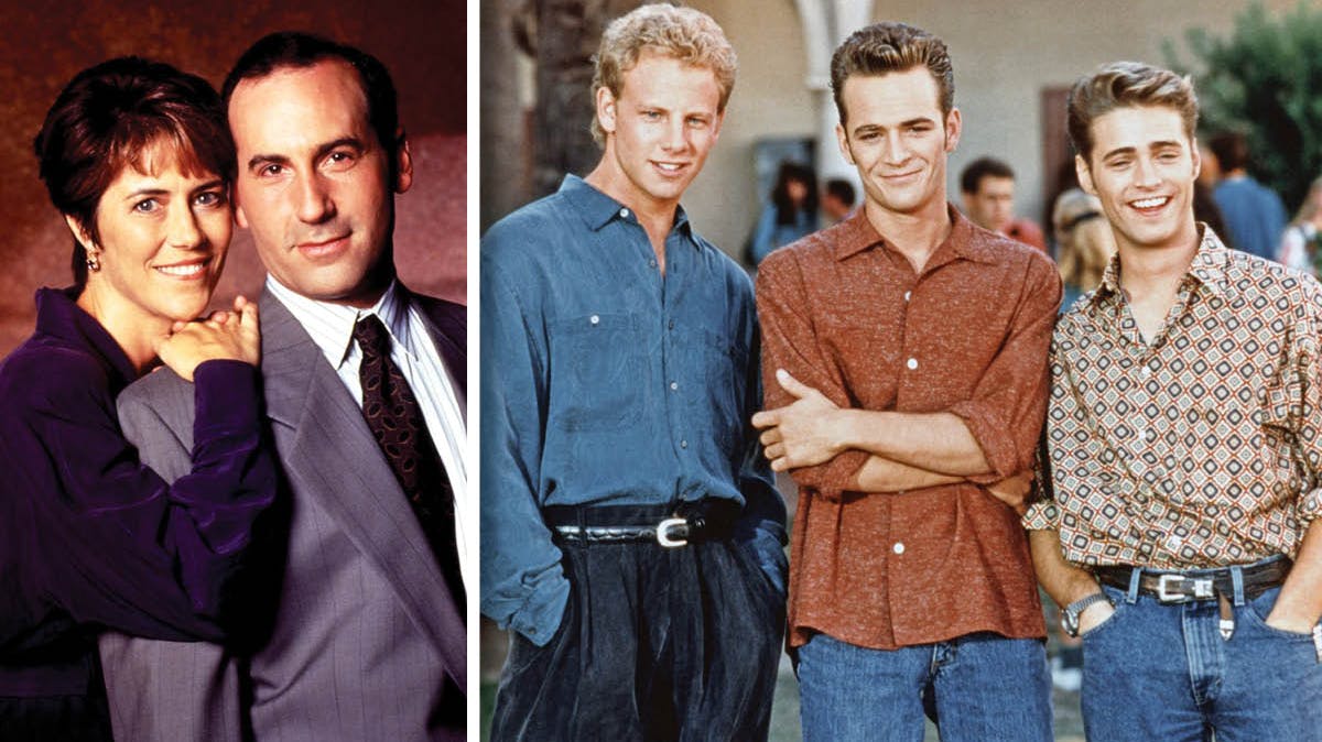 Carol Potter og James Eckhouse som ægteparret Walsh. Ian Ziering, Luke Perry og Jason Priestly som Steve, Dylan og Brandon.