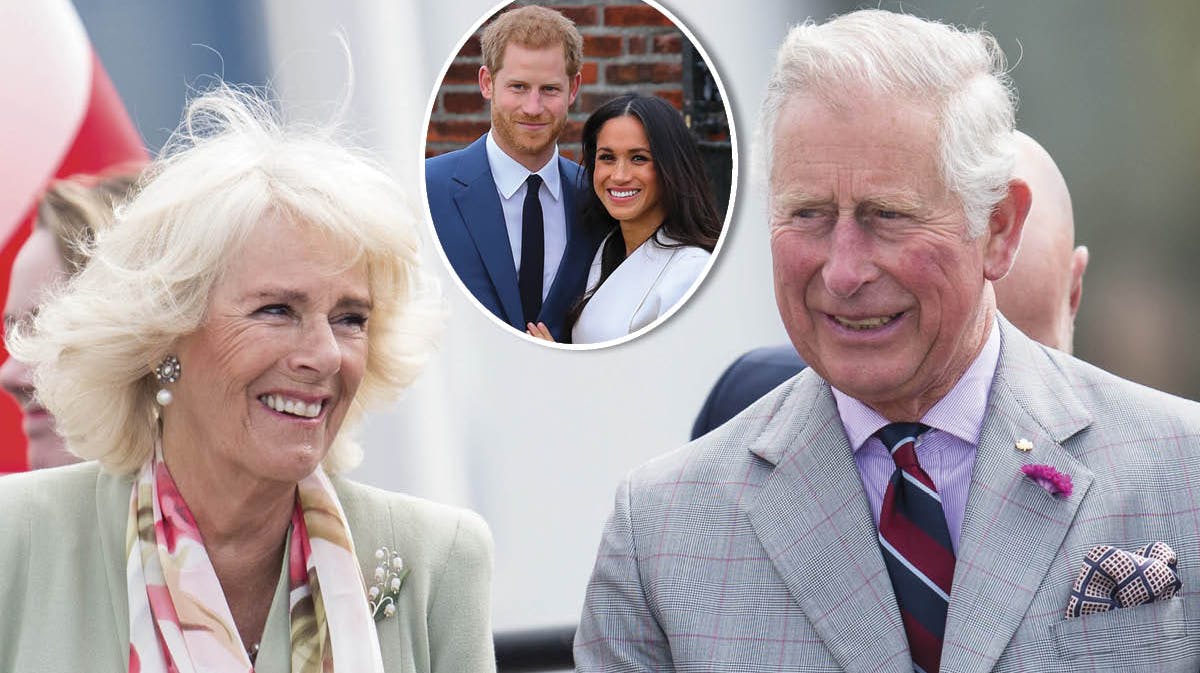 Hertuginde Camilla og prins Charles. Indsat: Harry og Meghan.