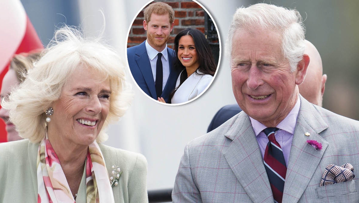 Hertuginde Camilla og prins Charles. Indsat: Harry og Meghan.