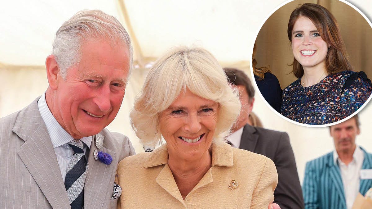 Prins Charles og hertuginde Camilla. Indsat: Prinsesse Eugenie. Arkivfotos. 