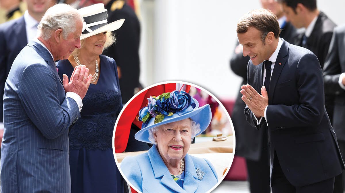 Prins Charles, hertuginde Camilla og præsident Macron. Indsat: Dronning Elizabeth.