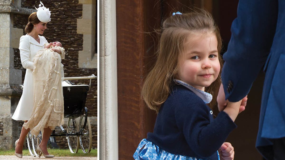 Fotomontage: Hertuginde Catherine med dåbsbarnet prinsesse Charlotte og prinsesse Charlotte. 